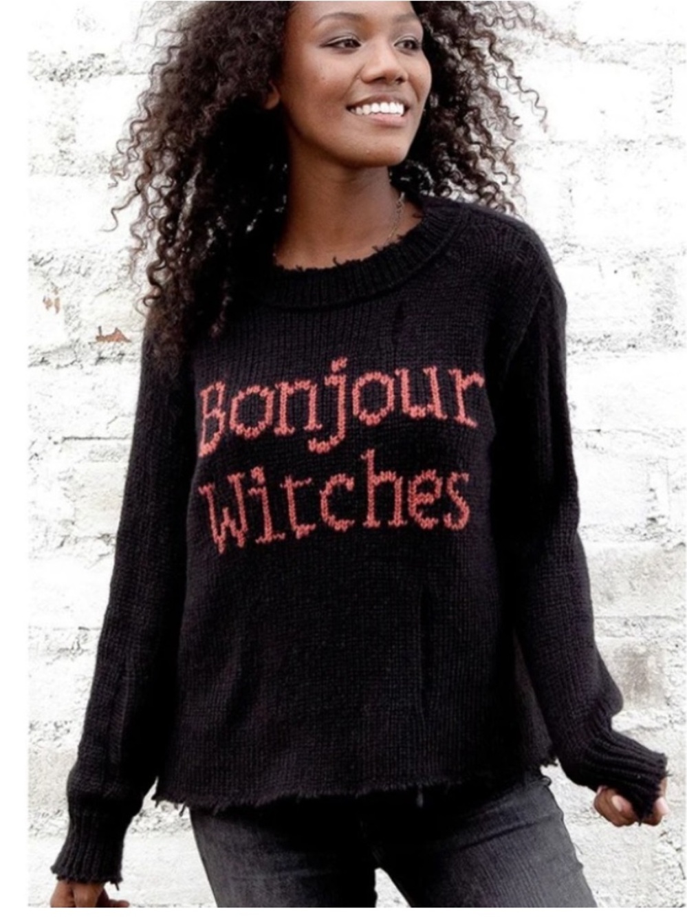 Wooden Ships Distressed Black Knit Bonjour Witches Crewneck Sweater